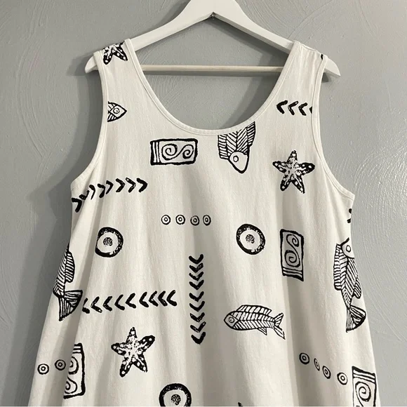 Vintage BaBa 100% Cotton Fish Starfish Novelty Print Sleeveless Midi Dress XL - Picture 3 of 8